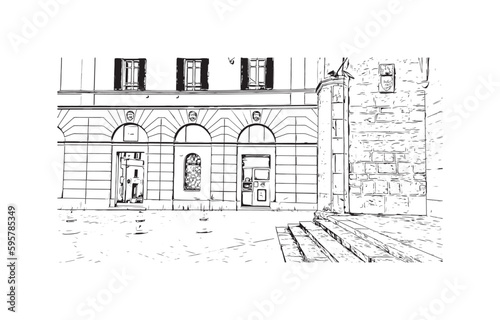 Building view with landmark of  Rieti is the town in Italy. Hand drawn sketch illustration in vector.