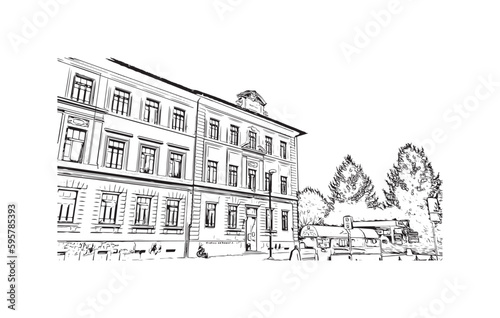 Building view with landmark of Rieti is the town in Italy. Hand drawn sketch illustration in vector.