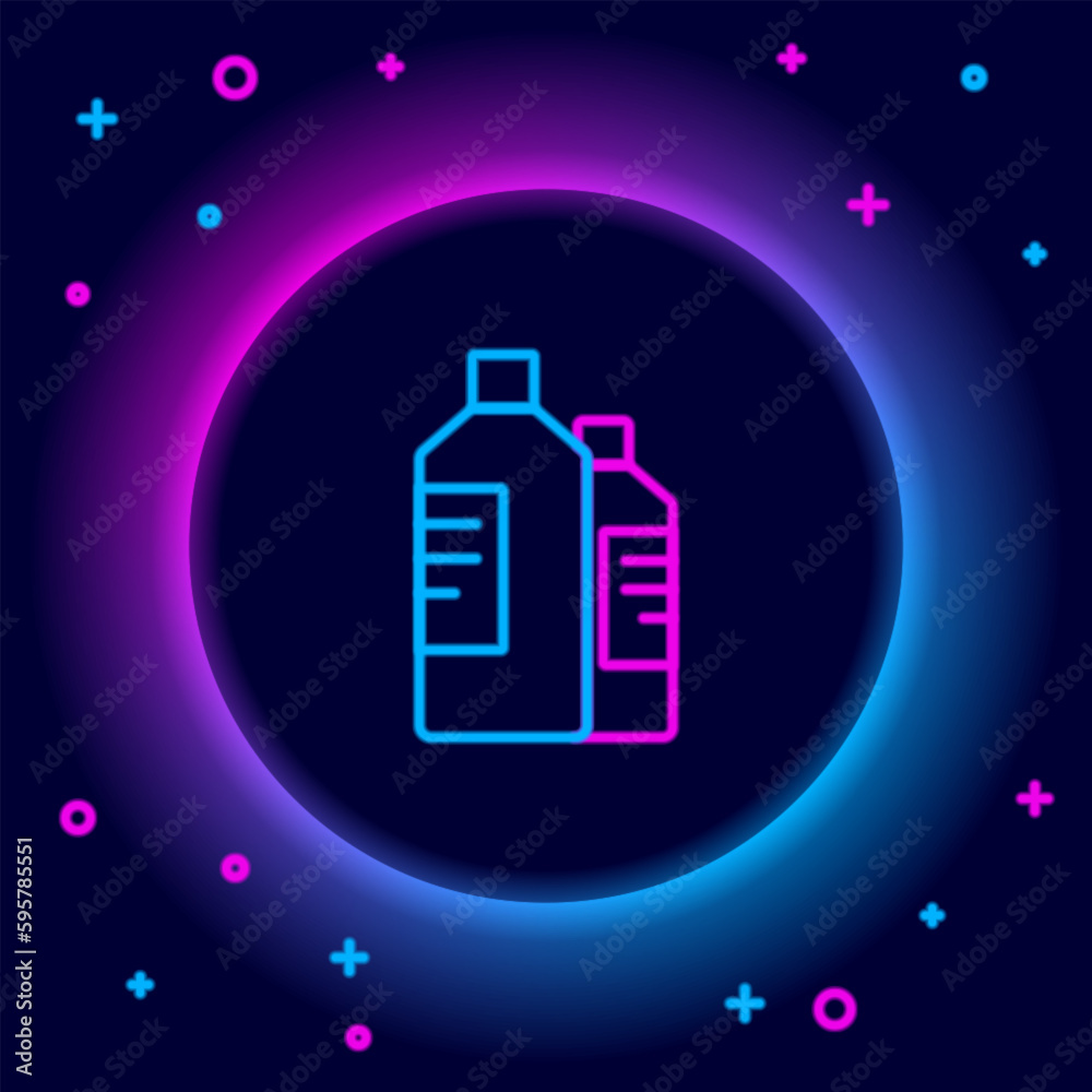Glowing neon line Plastic bottles for laundry detergent, bleach, dishwashing liquid or another cleaning agent icon isolated on black background. Colorful outline concept. Vector