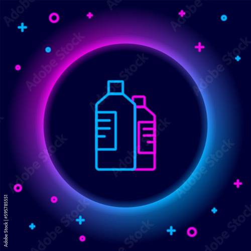 Glowing neon line Plastic bottles for laundry detergent, bleach, dishwashing liquid or another cleaning agent icon isolated on black background. Colorful outline concept. Vector