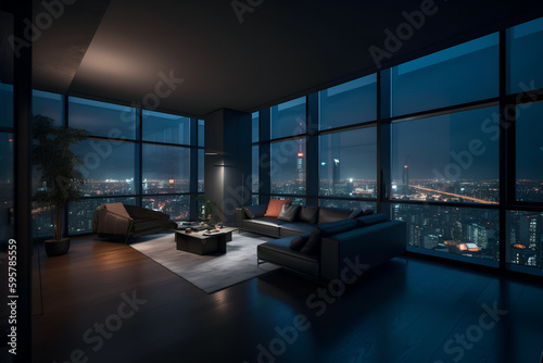 Luxury Modern Penthouse with Panoramic City Skyline View at Night  Generative AI