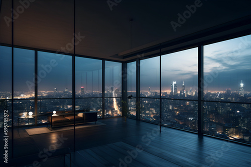 Luxury Modern Penthouse with Panoramic City Skyline View at Night, Generative AI © spreephoto