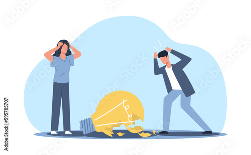 Broken light bulb as symbol of collapse of an idea, failure and hardship. Unsuccessful business brainstorming. Inspiration crisis. Sad man and woman cartoon flat illustration. Vector concept