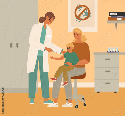 Family vaccination concept vector illustration. Pediatrician doctor giving injection of flu vaccine to a child in hospital
