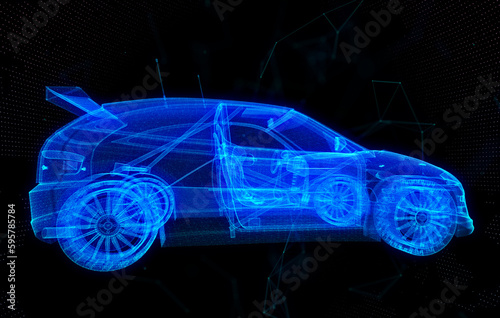 Design of a smart or intelligent car in the form of a wire-frame crossing in space. X-ray hologram 3d car