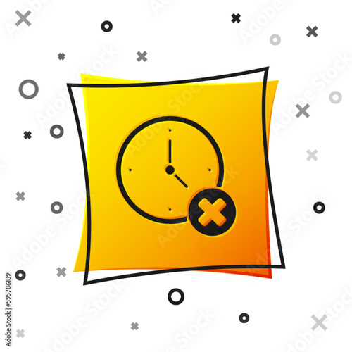 Black Clock delete icon isolated on white background. Time symbol. Yellow square button. Vector
