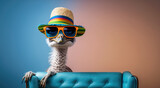 Funny ostrich wearing sunglasses and hat sitting on a chair, generative ai illustration with copy space on colorful background with copy space