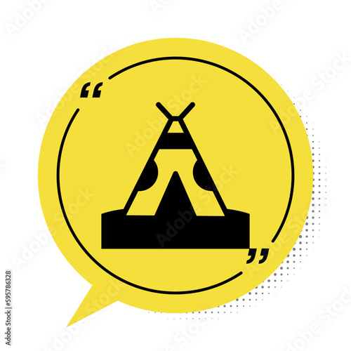 Black Traditional indian teepee or wigwam icon isolated on white background. Indian tent. Yellow speech bubble symbol. Vector