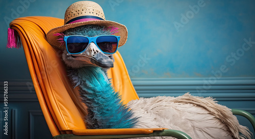 Funny ostrich wearing sunglasses and hat sitting on a chair, generative ai illustration with copy space on blue background