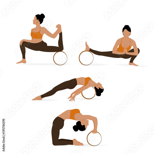 Set of yoga poses with a yoga wheel. Young woman exercising. Vector illustration isolated on the white background.