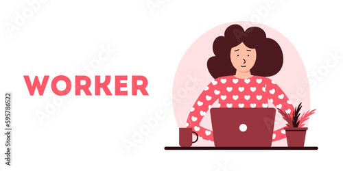 Working space, concept illustration. Young woman working on desktop home office workplace. Vector flat style illustration