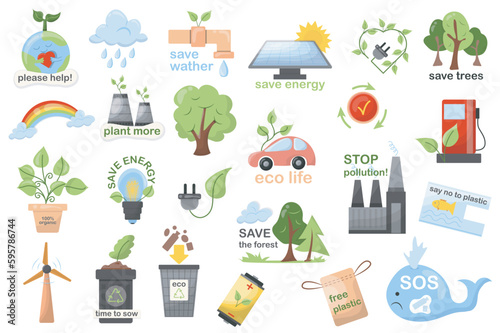 Ecology mega set elements in flat design. Bundle of protect environment, eco life, save nature and planet, recycle, renewable and alternative energy. Vector illustration isolated graphic objects