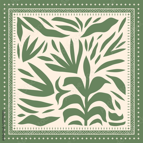 Silk scarf design with tropical leaves. Abstract ethnic style.