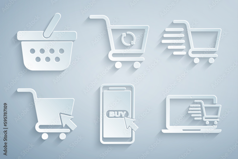 Set Mobile and shopping cart, Shopping, with cursor, on laptop, Refresh and basket icon. Vector Set Mobile and shopping cart, Shopping, with cursor, on laptop, Refresh and basket icon. Vector