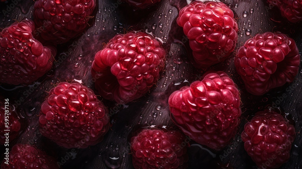 Raspberry background in realistic style on black background. Summer season background. Photorealistic design. Abstract colorful.