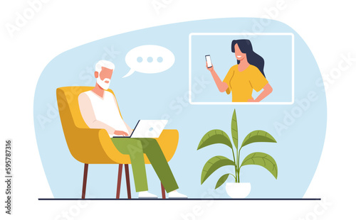 Elderly father communicates with his daughter via laptop. Online communication, video call, older generation mastering technologies cartoon flat style isolated illustration. Vector concept