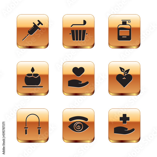 Set Syringe, Jump rope, Hypnosis, Heart hand, Aroma candle, Bottle of liquid soap, Cross hospital medical and Sauna bucket ladle icon. Vector