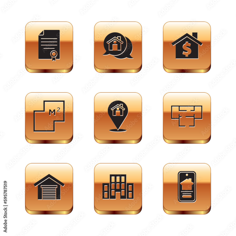 Set House contract, Garage, Location with house, plan, dollar symbol, Online real estate and Real message icon. Vector Set House contract, Garage, Location with house, plan, dollar symbol, Online real estate and Real message icon. Vector