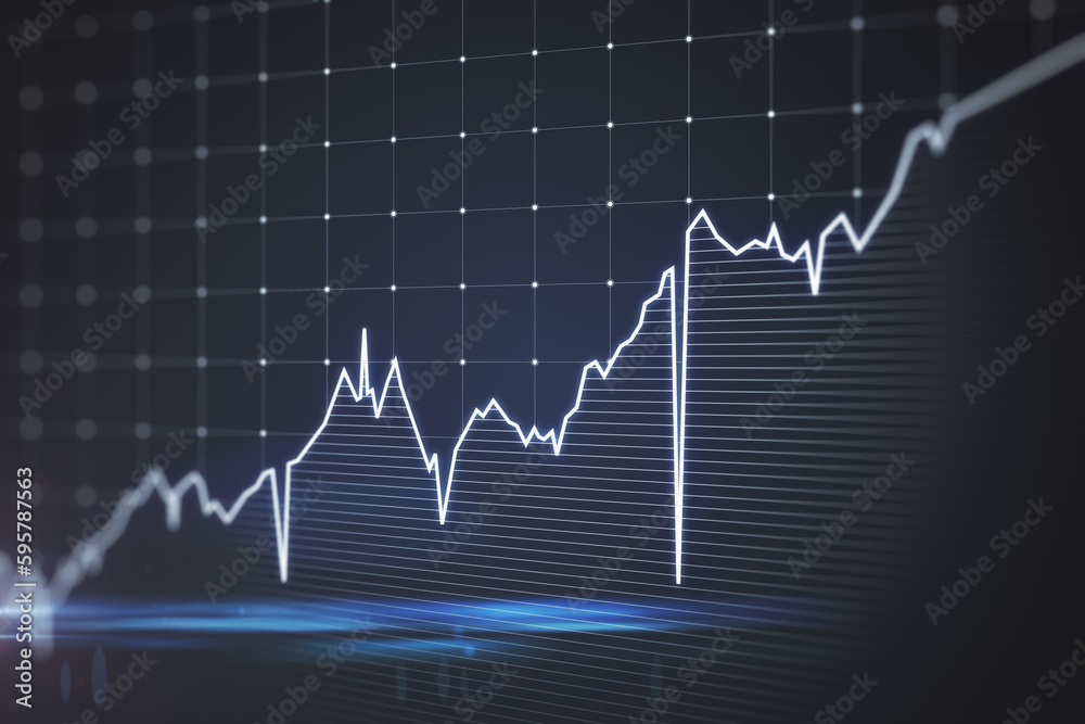 Growing blue financial forex chart on blurry dark grid background. Stock, economy, market and trade concept. 3D Rendering.