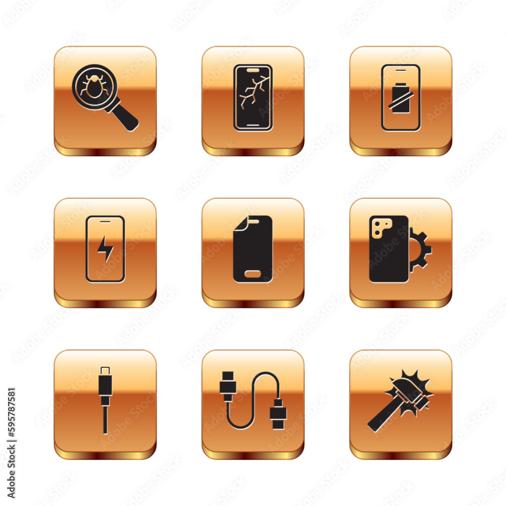 Set System bug, USB cable cord, Glass screen protector, Mobile charging battery, Smartphone charge, Hammer and with broken icon. Vector Set System bug, USB cable cord, Glass screen protector, Mobile charging battery, Smartphone charge, Hammer and with broken icon. Vector