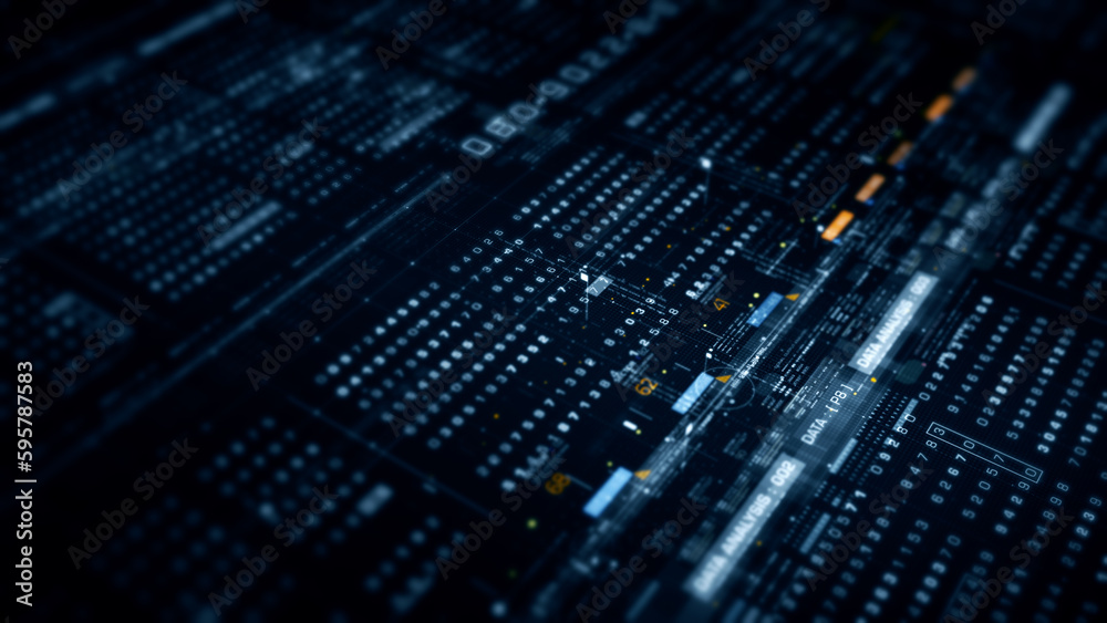 Futuristic abstract de-focus flowing data matrix, telemetry and encrypt numbers display with particles simulation for head up display in cyber space environment background