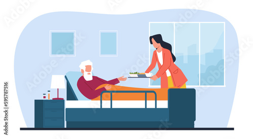 Female caregiver gives food to elderly man in bed, helps disabled man with daily chores. Nurses or volunteers help. Patient in clinic or hospice. Cartoon flat isolated vector concept