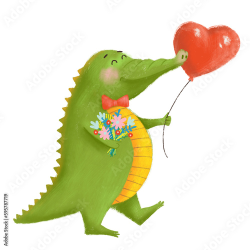 Funny cartoon illustration of cute crocodile with flower bouquet and red heart balloon. PNG file with transparent background. Kids illustration. Cartoon animal characters. photo