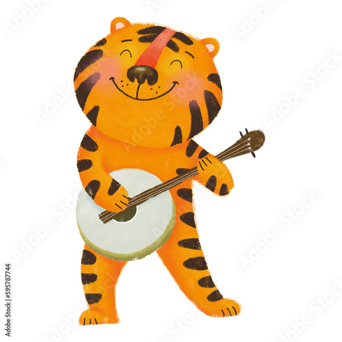 Funny cartoon illustration of cute tiger playing guitar. PNG file with transparent background. Kids illustration. Cartoon animal characters. photo