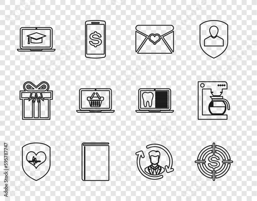 Set line Shield and heart rate, Target with dollar, Envelope Valentine, Book, Graduation cap on laptop, Shopping basket, Human resources and Coffee machine pot icon. Vector