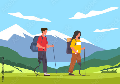 Guy and girl with prosthetic leg go hiking, traveling and relaxing together. Healthy lifestyle. Travel adventures. Disabled person walking, cartoon flat illustration. Vector concept