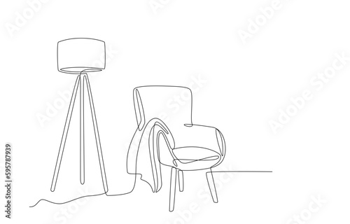 Continuous line drawing of armchair, plaid, floor lamp. One line of cozy interior Living room with modern furniture. Single line Hand draw contour of indoor furniture. Doodle vector illustration