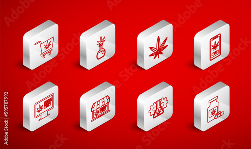 Set line Medical bottle with marijuana, Test tube, Marijuana or cannabis leaf, Online buying, Shopping cart, and icon. Vector