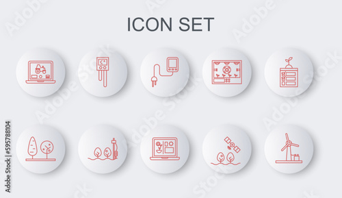 Set line Wind turbine, Trees, Sensor, Smart farm with drone, Laptop application for smart, Temperature and humidity sensor, Standalone plant and farming technology icon. Vector