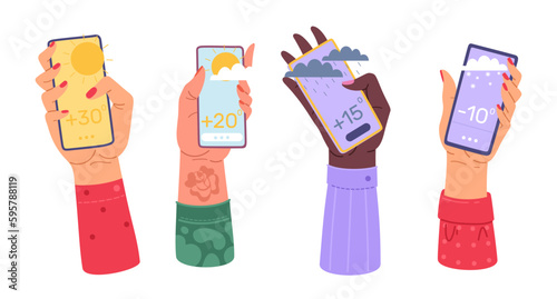 Hands holding phone with weather app, online forecast. Modern style drawing, meteorology application on smartphone screen. Sun and rain icons. Cartoon flat illustration. Vector concept
