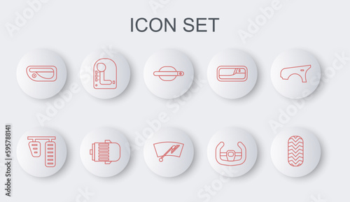 Set line Car tire, gas and brake pedals, door handle, Sport steering wheel, Gear shifter, Electric engine and Windscreen wiper icon. Vector