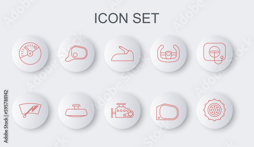 Set line Car wheel, Windscreen wiper, handbrake, mirror, Speedometer, and engine icon. Vector