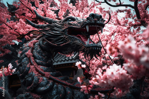 Mythological Chinese dragon in blooming sakura. Close-up. Generative AI illustration.