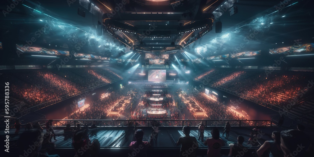 Modern, futuristic eSports arena. Full hall of fans cheering for his favorite team. Players compete on a large stage in front of a massive screen displaying the game. Generative AI