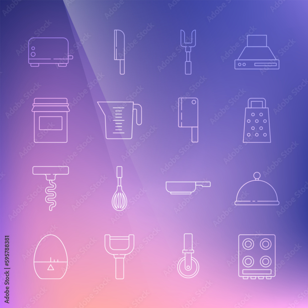 Set line Gas stove, Covered with tray, Grater, Barbecue fork, Measuring cup, Jam jar, Toaster and Meat chopper icon. Vector Set line Gas stove, Covered with tray, Grater, Barbecue fork, Measuring cup, Jam jar, Toaster and Meat chopper icon. Vector