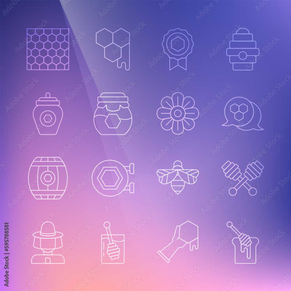Set line Honey dipper stick with honey, Honeycomb, medal, Jar of, and Flower icon. Vector Set line Honey dipper stick with honey, Honeycomb, medal, Jar of, and Flower icon. Vector