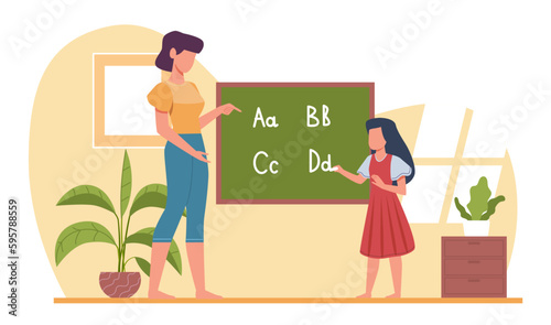 Homeschooling with mom. Girl and mother near black board together. Home education, child learning alphabet. Elementary pupil studying. Homework help cartoon flat isolated vector concept