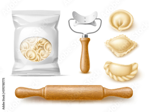 Making dumplings accessories. Realistic packaged product, dough with meat filling, delicious asian and caucasian food, wooden rolling pin, 3d isolated elements blank packaging utter vector set