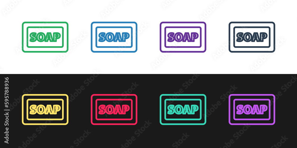 Set line Bar of soap icon isolated on black and white background. Soap bar with bubbles. Vector. Set line Bar of soap icon isolated on black and white background. Soap bar with bubbles. Vector.
