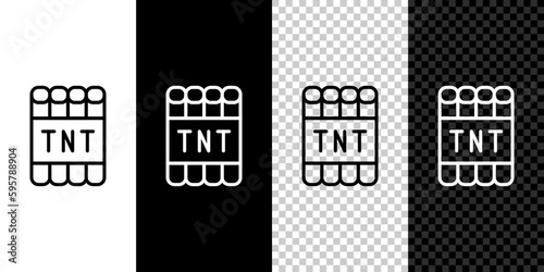 Set line Detonate dynamite bomb stick and timer clock icon isolated on black and white background. Time bomb - explosion danger concept. Vector