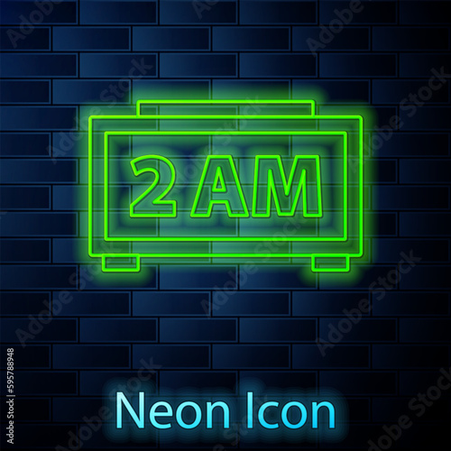Glowing neon line Digital alarm clock icon isolated on brick wall background. Electronic watch alarm clock. Time icon. Vector
