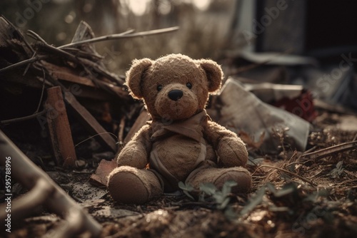 A teddy bear amidst debris, symbolizing loss of innocence. Generative AI