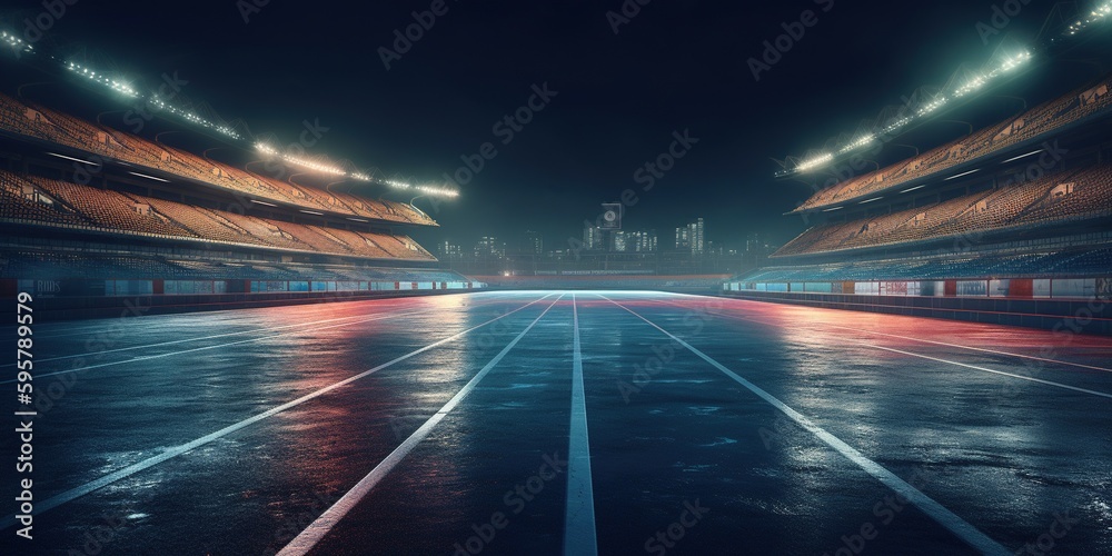 Asphalt racing track finish line and illuminated race sport stadium at night. Generative AI