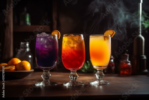 Table with three colorful alcoholic cocktails: purple, orange, and yellow. Generative AI