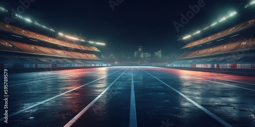 Asphalt racing track finish line and illuminated race sport stadium at night. Generative AI © Nadia