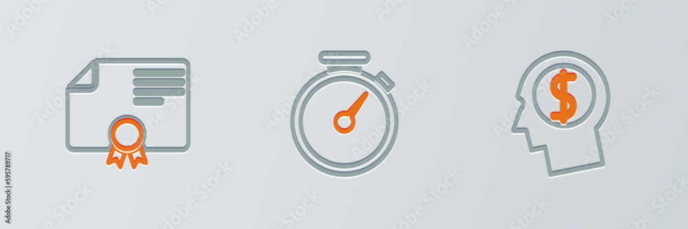 Set line Business man planning mind, Certificate template and Stopwatch icon. Vector